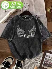 Camisetas Gráficas para Mujer, 230g, Lavadas|   Patrones estampados a la moda, corte holgado, cuello redondo, perfecto para ropa exterior e interior, estilo retro desgastado, camiseta casual versátil. Camiseta casual retro lavada 100% algodón, camiseta vintage lavada estilo Y2K. Camiseta unisex de algodón lavado, regalo para el Día de la Madre. - Blanco - Ver 2