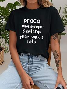 Camiseta con Estampado de Broma Laboral Polaca, para Mujer, Manga Corta, Cuello Redondo, Casual, Primavera-Verano, para el Lugar de Trabajo, Uso Diario, Ocio - Negro - Ver 1