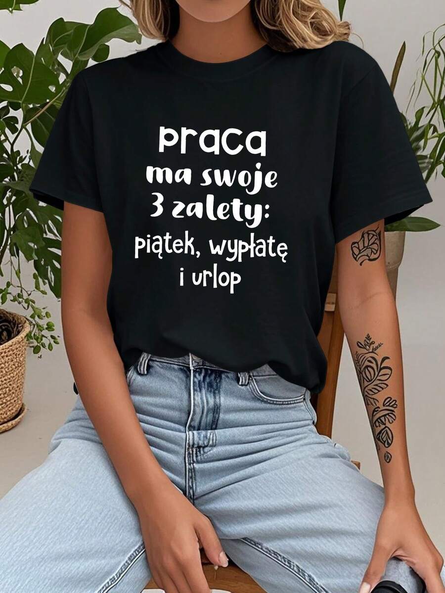 Camiseta con Estampado de Broma Laboral Polaca, para Mujer, Manga Corta, Cuello Redondo, Casual, Primavera-Verano, para el Lugar de Trabajo, Uso Diario, Ocio - Negro - Ver 1