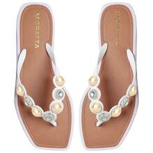 Chinelo Feminino Rasteira Esferas Metalizadas Detalhes Azuis - Branco - Visão 3
