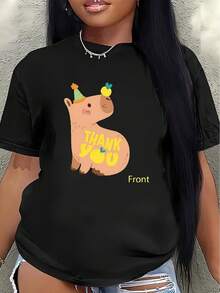 Camiseta de poliéster de manga corta, con un lindo estampado de cerdito y la frase "Gracias", adecuada para uso casual en casa o en restaurantes, ligera y duradera, cómoda y ajustada para el uso diario. - Negro - Ver 1