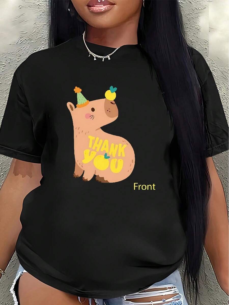 Camiseta de poliéster de manga corta, con un lindo estampado de cerdito y la frase "Gracias", adecuada para uso casual en casa o en restaurantes, ligera y duradera, cómoda y ajustada para el uso diario. - Negro - Ver 1