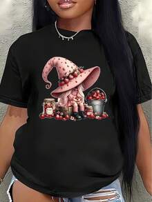 Camiseta de manga corta ligera y duradera, diseñada con estampados de sombreros de bruja y bayas, perfecta para uso casual en casa o actividades al aire libre, ofreciendo una experiencia de uso cómoda en el día a día. Adecuada para Halloween. - Negro - Ver 7