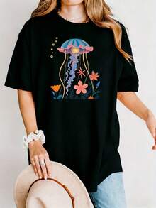 Oversized T-Shirt With Jellyfish And Flower Print In Soft Tones - Casual Black Loose Fit T-Shirt, Ultra Soft And Breathable For Summer - Perfect Gift For Birthdays, Valentine's Day, Christmas, Halloween For Women, Men, Couples, Family And Friends - Unisex Vintage Urban Style Soft Cotton T-Shirt With Crew Neck And Short Sleeves - 黑色 - 查看 7