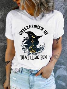 Camiseta de Mujer "No Me Subestimes, Será Divertido" con Diseño de Bruja para Halloween - Camiseta Casual de Manga Corta y Cuello Redondo con Letras Atrevidas & Estampado Místico, Tejido Elástico Medio Lavable a Máquina para Primavera/Verano, Ropa de Halloween, Camiseta con Motivo de Bruja, Tela No Transparente - Blanco - Ver 1