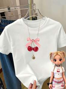 Camiseta de manga corta con estampado geométrico Y2K para mujer - Cereza rosa - Top transparente de cuello redondo, diseño casual y moderno de media longitud para primavera/verano/otoño, material semitransparente, ajuste cómodo, moda de temporada - Blanco - Ver 1
