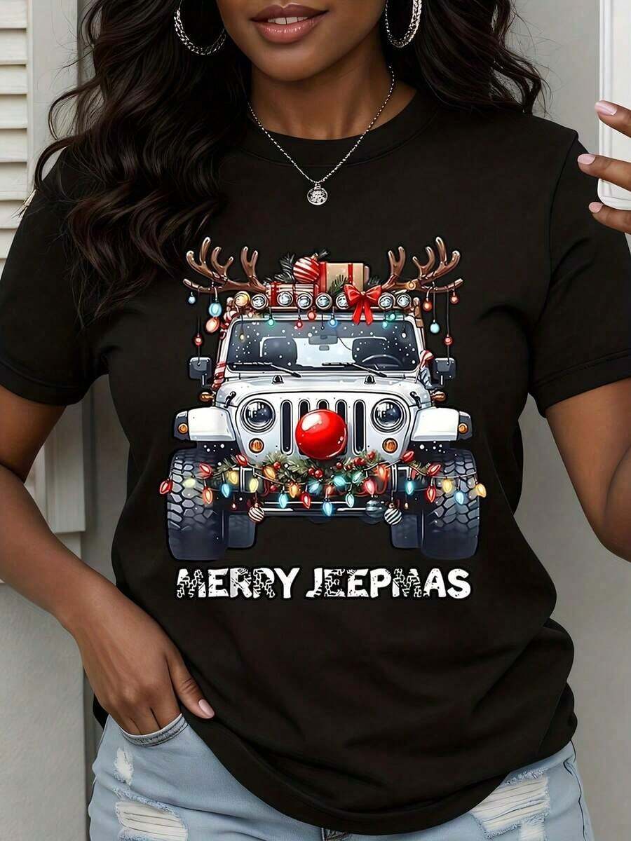 Camiseta de Navidad Merry Jeepmas, Camiseta Gráfica Divertida para Hombres y Mujeres, Regalo de Navidad, Camiseta de Estilo Vintage Urbano Unisex, de Algodón, Manga Corta, Cuello Redondo, 100% Algodón - Negro - Ver 1