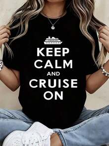 Crew Neck T-Shirt With "Keep Calm And Cruise On" Print, Casual Travel And Leisure Wear - Vintage Urban Style, Unisex, Cotton, Short Sleeve, 100% Cotton - 黑色 - 查看 3