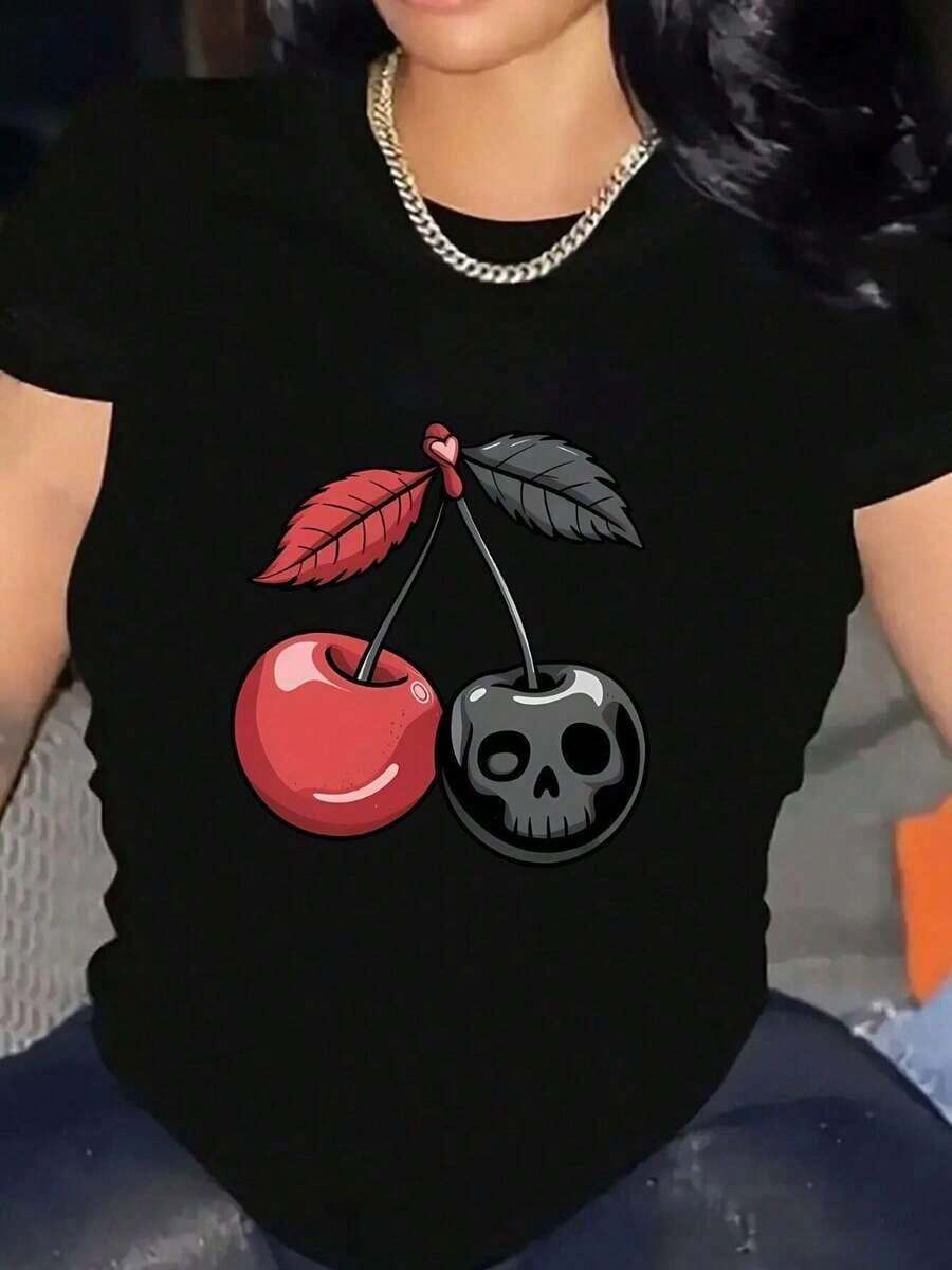 Camiseta estampada cerezas góticas calavera para mujer, estilo casual moderno, ideal para uso diario y eventos informales, disponible en tallas S, M, L, XL, negra, moda alternativa, diseño gráfico atractivo. - Negro - Ver 1