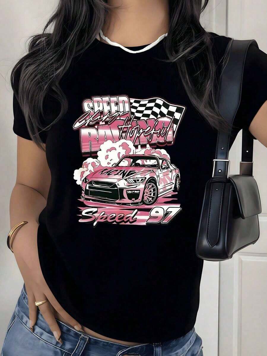 Camiseta con Estampado Gráfico de Coche de Carreras, 180g, 1 Pieza, Temática de Carreras, Casual para Mujer, 100% Algodón, Estilo Streetwear - Negro - Ver 1