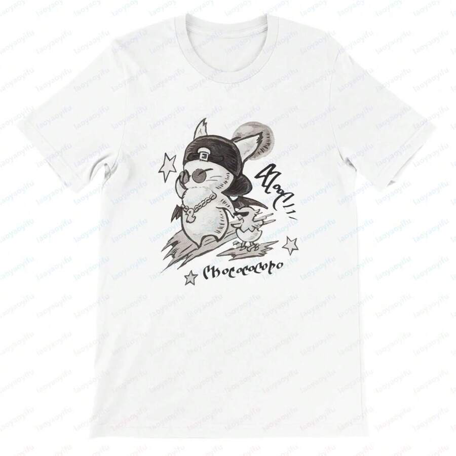 Camiseta Gráfica FFXIV Moogle Neotunic Fantasy 14, Camisetas Y2k, Camiseta Oversize, Divertida para Exteriores, Algodón de Alta Calidad, Manga Corta - Blanco - Ver 1
