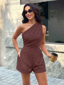 Beige Sleeveless Casual Jumpsuit With Pockets, Suitable For Summer Vacations, Weddings, Outings And Other Occasions, Minimalist Solid Color Casual Jumpsuit For Women - 棕色 - 查看 3