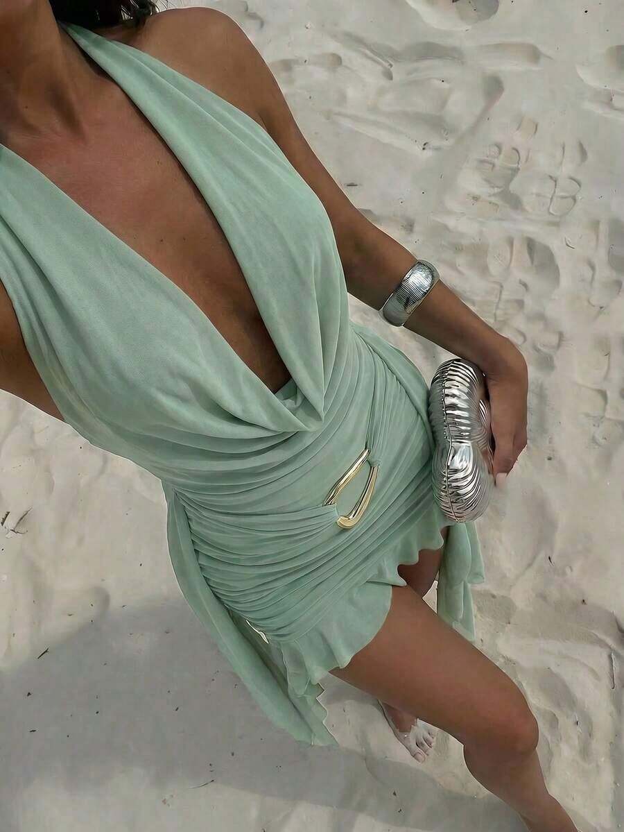 Nuevo vestido mini de malla verde con escote en V profundo, cuello halter, espalda descubierta, ajustado, volante asimétrico en el bajo, ideal para fiestas, festivales de música, bodas y vacaciones en la playa, perfecto también para el Día de San Patricio y festivales de música con estilo bohemio - Verde - Ver 1