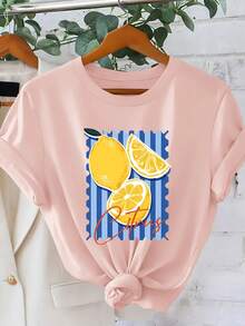 Women's Citrus Lemon Print T-Shirt With Blue Stripes | Vintage American Fresh Fruit Style, Crew Neck, Short Sleeve | Summer 2026 Vacation Style Clothing | Elegant Vintage Style Casual Blouse For Women - 粉色 - 查看 6
