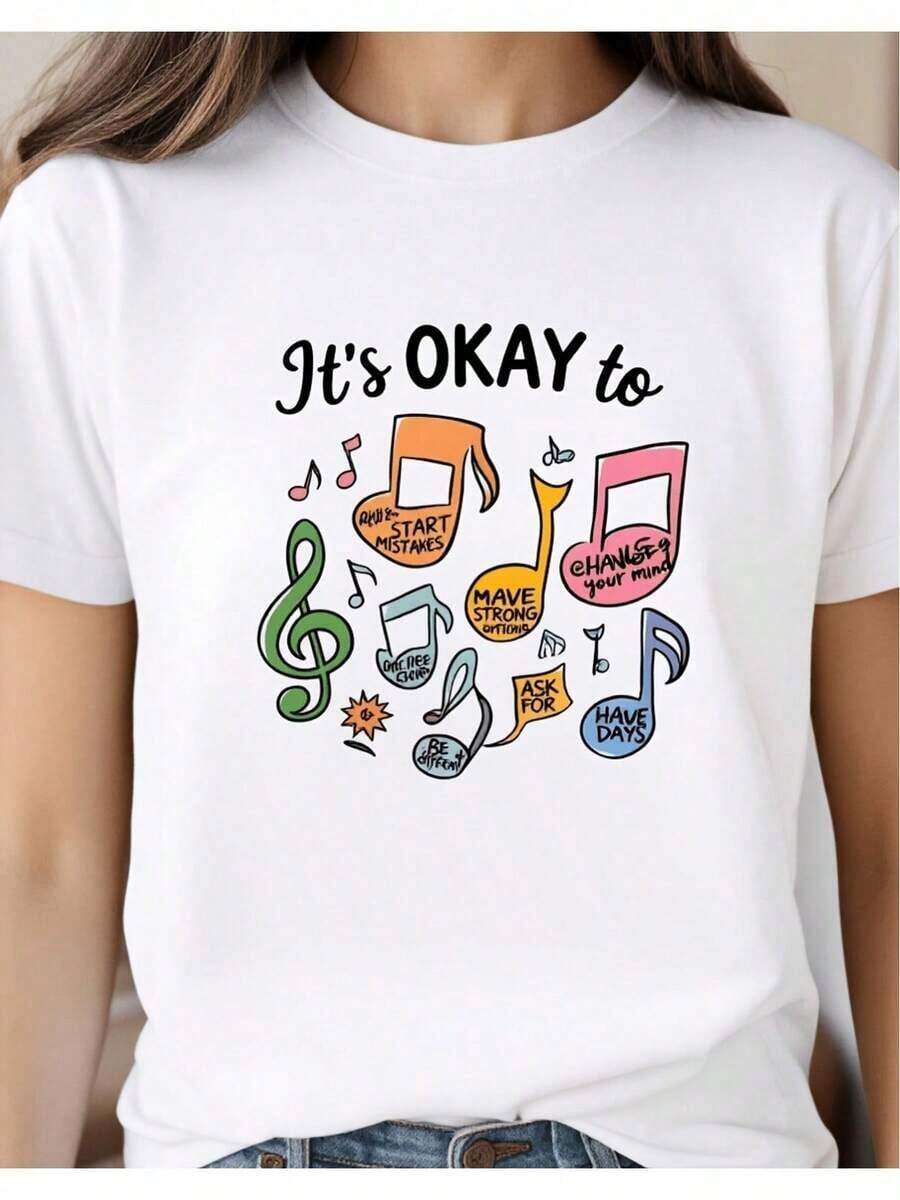 ComfortableCamiseta de mujer con mensaje positivo inspirado en la música, ropa casual para el día a día para el cuidado personal y la motivación. Camiseta de mujer 2D, diseño casual holgado, ligeramente extendida. Camiseta de manga corta para mujer, estilo básico para uso interior y exterior. - Blanco - Ver 1