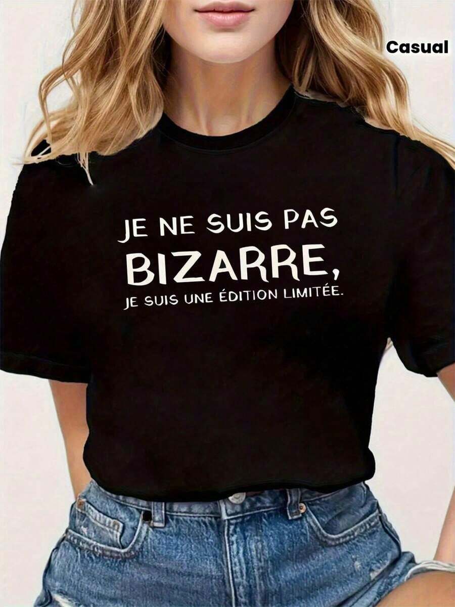 ComfortableCamisetas Ligeras con Estampado Francés "JE NE SUIS PAS BIZARRE, JE SUIS UNE ÉDITION LIMITÉE" para Mujer, Cuello Redondo, Manga Corta, Primavera/Verano, Estilo Casual y Vibrante, 100% Algodón, Opción Popular. Camiseta de manga corta para mujer, estilo básico que combina con todo, para uso interior y exterior. - Negro - Ver 1