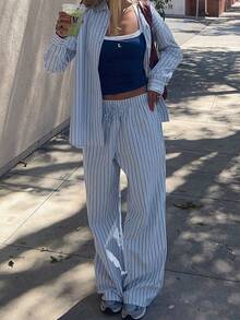 Vellofy Women's Bohemian Style Striped 2 Pieces Set, Long Sleeve Lapel Loose Top With Drawstring Casual Pants - Blue - View 5
