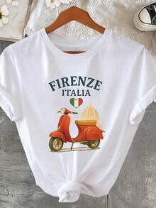 1 pieza de camiseta de manga corta con cuello redondo para mujer, estampada FIRENZE ITALIA, ideal para primavera/verano, casual para ir de compras y como regalo para las vacaciones, 180g 100% algodón. - Blanco - Ver 2