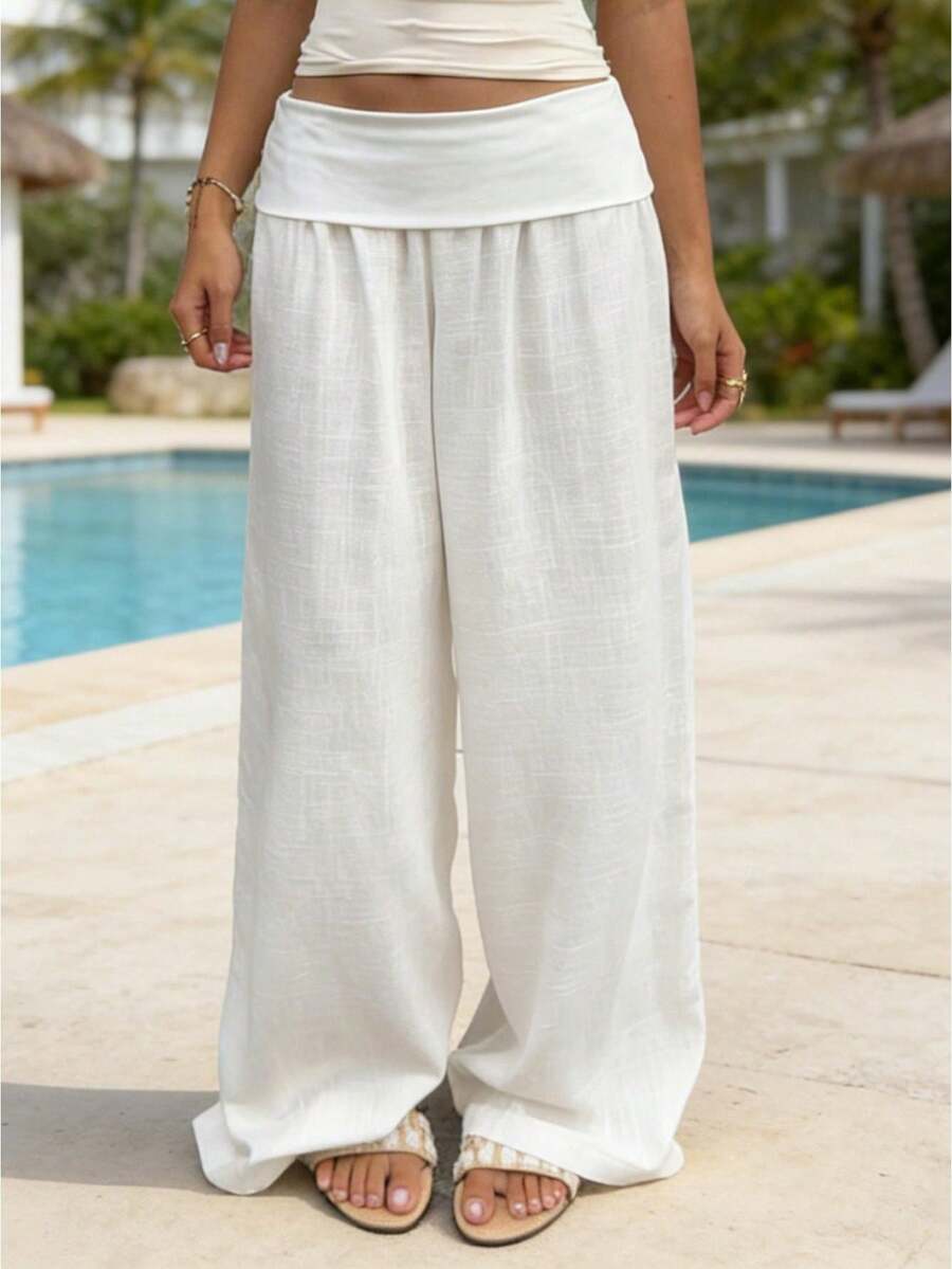 Y2K Women's Bohemian Linen Wide Waist And Wide Leg Fold-Out Pants, Solid Color Low Waist Relaxed Palazzo Pants, Comfortable Summer Beach Pants, Suitable For Everyday Leisure - 白色 - 查看 1