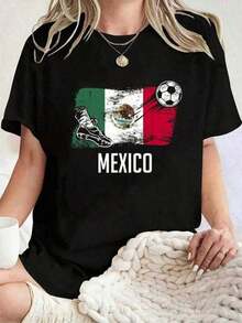 Soft Ropa de verano unisex 100% algodón - Camiseta de manga corta con cuello redondo para mujer con estampado de la bandera de México y el equipo de fútbol mexicano - Camisetas gráficas para mujer.patrón - Negro - Ver 7