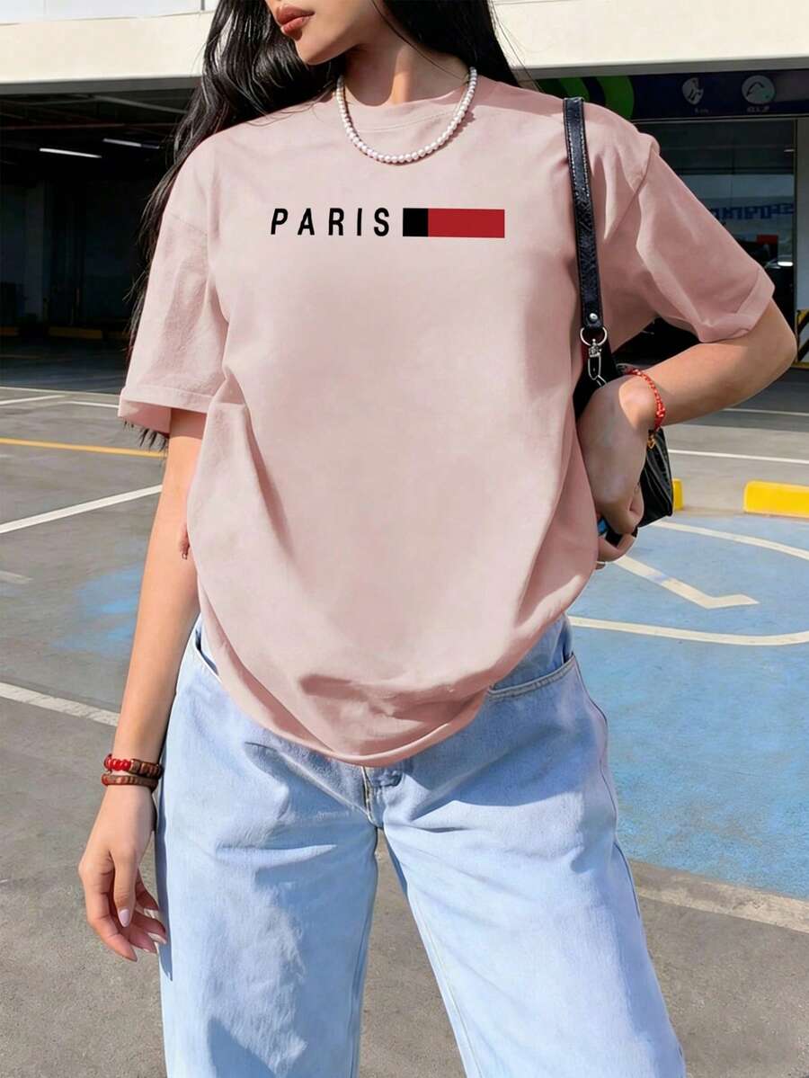 Áo nữ cổ tròn dáng rộng thoải mái in chữ Paris, thích hợp mặc mùa hè. - Màu Hồng baby - Xem 1