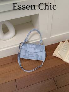 1pc Blue Color Block Vintage PU Leather Square Handbag, Women's Summer Tote Bag With Shoulder Strap - Blue - View 7