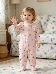 Baby Girls Indoor & Outdoor Jumpsuit, Girls' Long Sleeve Jumpsuit, Comfortable Casual Round Neck Button , Ditsy Floral, Suitable For 1-12 Months, Spring/Summer/Autumn/Winter - Baby Pink - View 2
