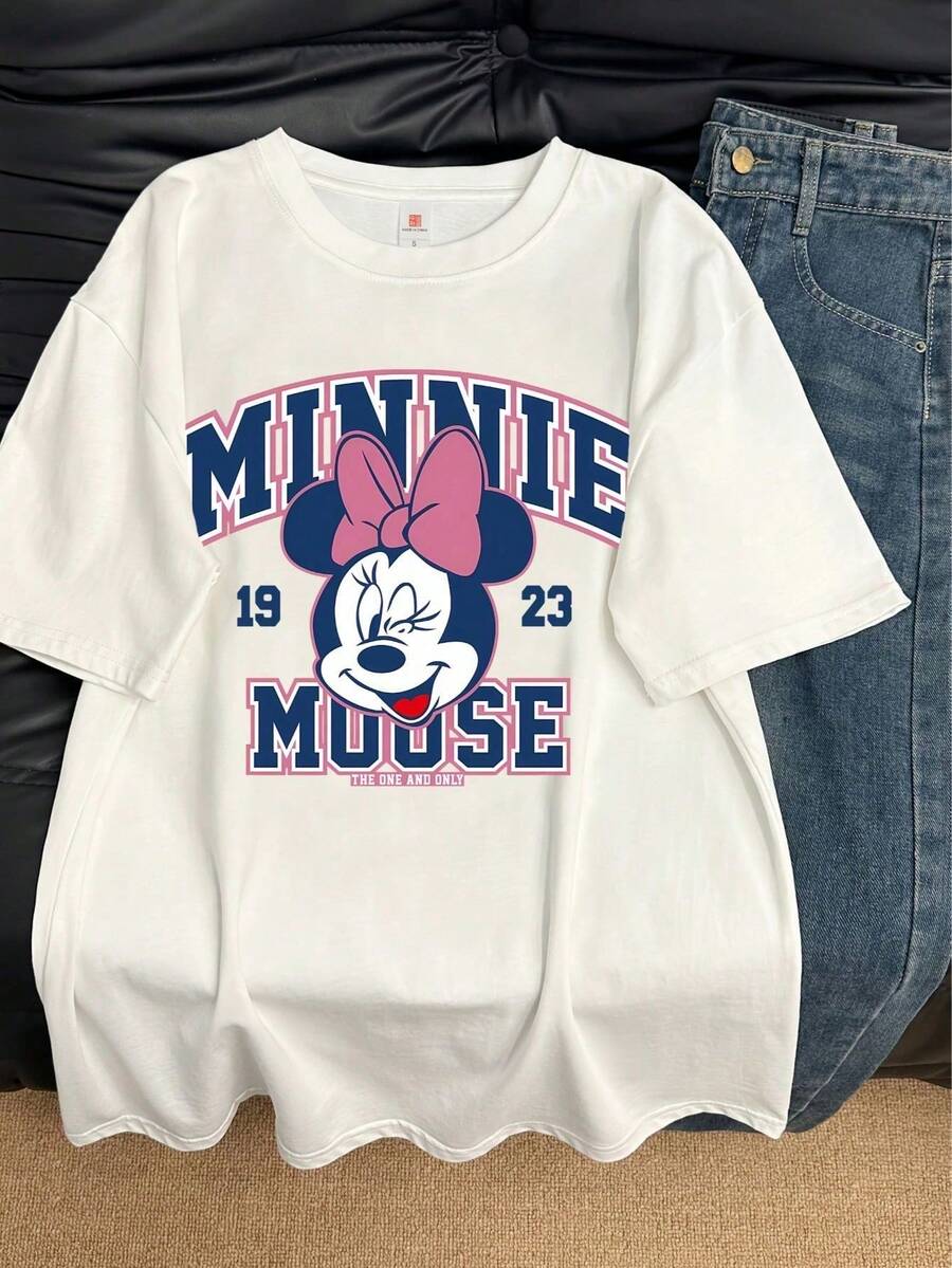 Official Disney Licensed Minnie Mouse Graphic Tee For Girls 4-12 Years | Ultra Comfortable & Super Soft 100% Cotton | Relaxed Fit, Stylish Arch Print With Pink Bow Detail | High-Quality Everyday Wear, Perfect For School Or Play | New Arrival | Express Delivery - trắng - Xem 1