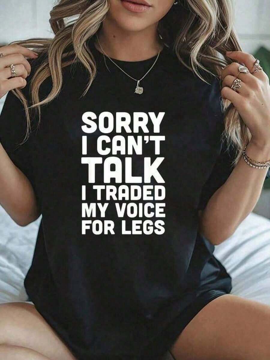 % Algodón Unisex 1 pieza - Camiseta con Frases Divertidas Lo siento, no puedo hablar, cambié mi voz por piernas - Ropa de Mujer, Camiseta con Estampado Gráfico para Amantes de las Camisetas, Para Todas las Temporadas - Negro - Ver 1