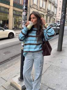 Women Contrast Striped Crew Neck Sweater, Drop Shoulder Long Sleeve Loose Oversized Knit Pullover, Casual Fall Daily Top - Multicolor - View 2