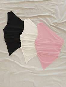 3 piezas de blusas de hombros asimétricas con bajo asimétrico en colores surtidos negro, marrón y caqui, aptas para el verano - Multicolor - Ver 2