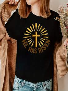 Camiseta de Mujer de Diseño Simple y Versátil, con Estampado 'He is Resurrected Cross', de Algodón Puro, Negra, de Manga Corta, Alta Relación Calidad-Precio, Estilo Casual. - Negro - Ver 1