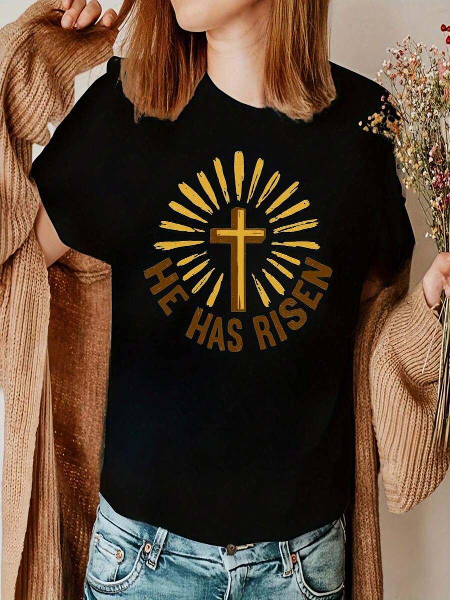 Camiseta de Mujer de Diseño Simple y Versátil, con Estampado 'He is Resurrected Cross', de Algodón Puro, Negra, de Manga Corta, Alta Relación Calidad-Precio, Estilo Casual. - Negro - Ver 1