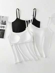 Set de 3 camisetas de tirantes con forro acolchado incorporado, cómodas y antidestellos - Blanco y Negro - Ver 3