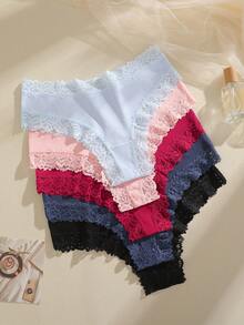 5pcs Women's Solid Color Comfortable Lace Trim Bikini Panties - Multicolor - View 5