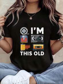 Camiseta de manga corta para mujer con cuello redondo, estampado de disco flexible y cinta, estilo retro y nostálgico, para primavera y verano. - Negro - Ver 1