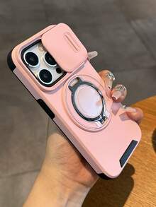 1pc Shock-Absorbing Phone Case With Rotating Ring Holder And Sliding Camera Cover, Compatible With IPhone 17/16/15/14/13/Pro Max Series, Durable Soft Protective Shell - Pink + Lanyard - View 4