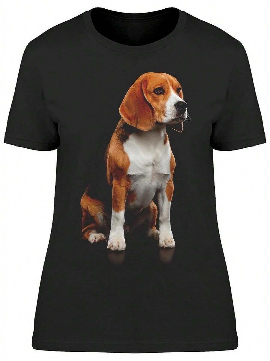 Camiseta para Mujer con Imagen de un Perro Beagle de Raza Pura Sentado - Imagen de Shutterstock, Talla Grande para Mujer - Negro - Ver 1