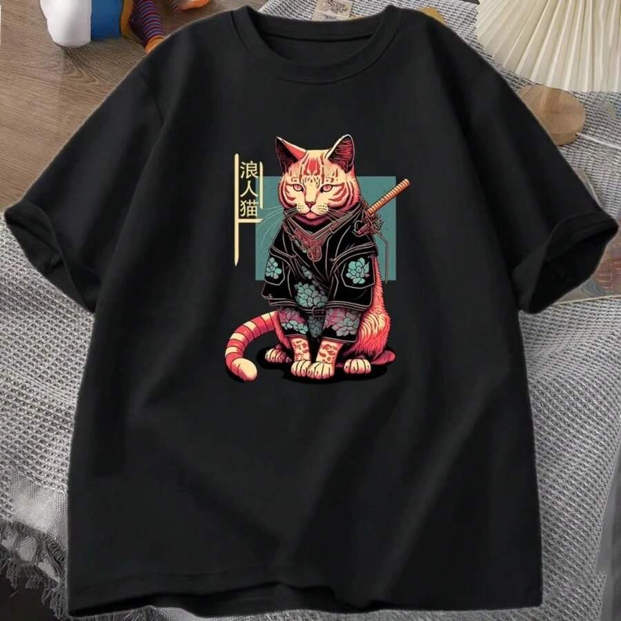 Japanese Samurai Cat Tattoo Graphic T-Shirt, Kawaii  Cat Print T-Shirt, Cotton Short Sleeve T-Shirt, Men's Clothing, T-Shirts - 黑色 - 查看 1