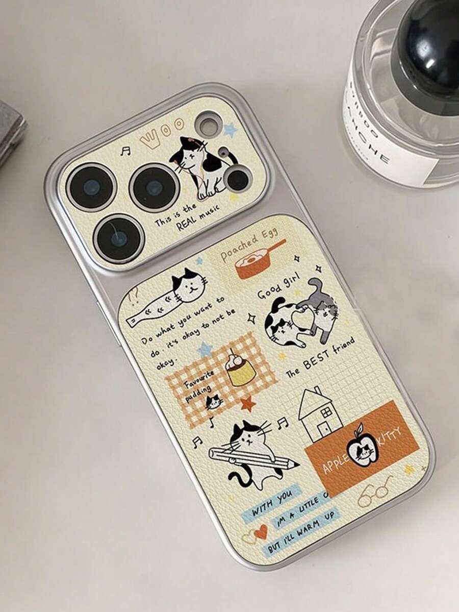 1pc Large Window Full Screen Line Bow Phone Case, White Instantly Changes To Litchi Texture, Suitable For IPhone 13/14/15/16/17 Pro/Pro Max/Plus And Other Large Window Phones - Yellow Kitten - View 1
