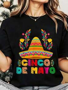 Colorful Sombrero And Flowers Print Cinco De Mayo Women Round Neck T Shirt For Festival Celebration 220gPlayera Holgada para Mujer - Negro - Ver 7