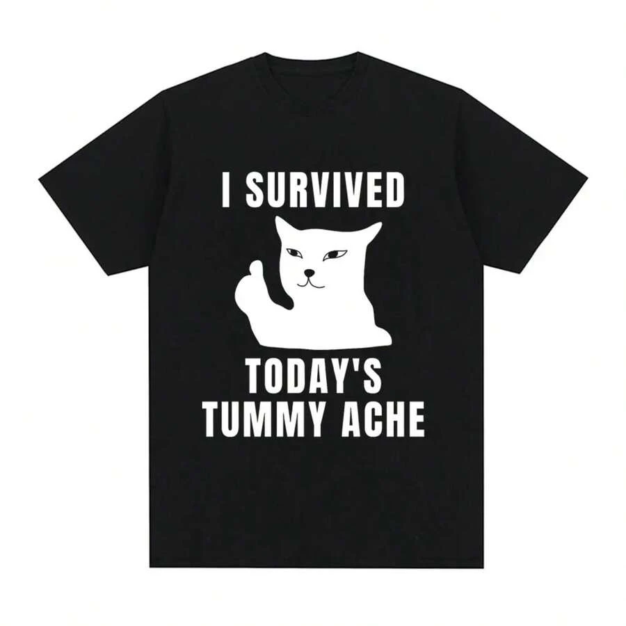 Camiseta informal de manga corta con cuello redondo y estampado de gato "Sobreviví al dolor de estómago de hoy", confeccionada en tejido de punto suave para uso diario. - Negro - Ver 1