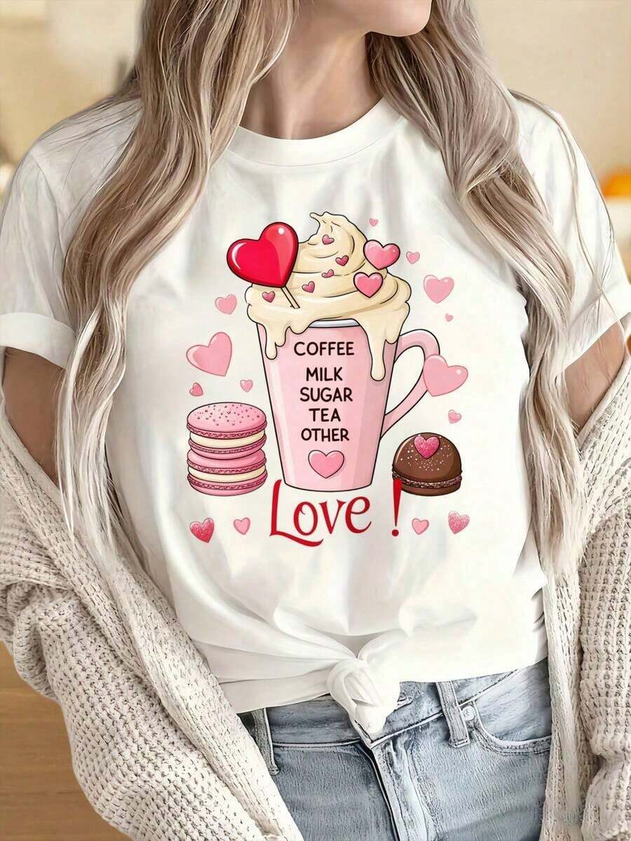 Women's And Men's T-Shirts With Round Necks And Short Sleeves, Featuring Fun Prints Of Coffee, Milk, Sugar, Tea, Hearts, Cups, Macarons, Desserts, And Valentine's Day Themes. Ideal For Christmas Parties, Sporting Events, Holiday Parties, Outings, And Other Festive Gifts. - 白色 - 查看 1