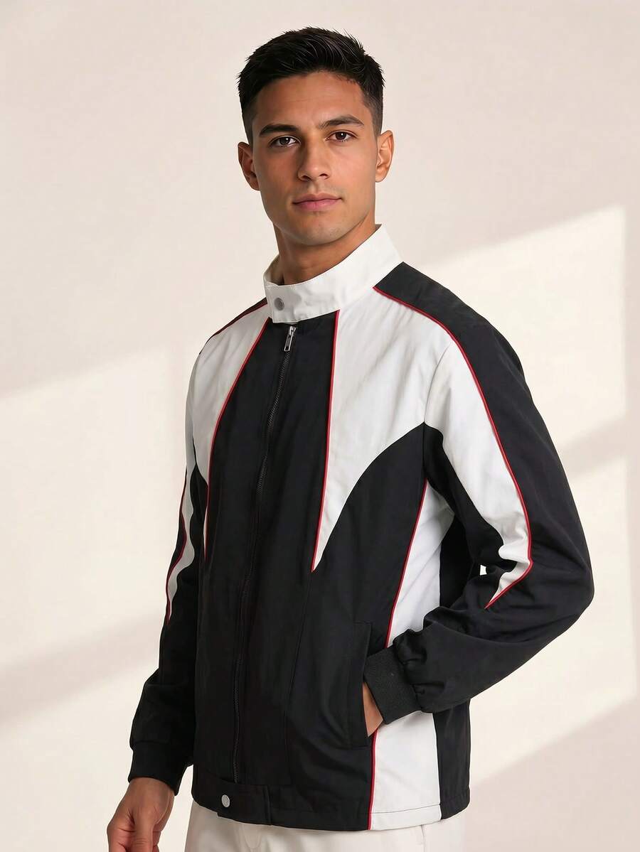 Driftmere Loose Retro Patchwork Zip-Up Jacket, Colorblock Racing Style Stand Collar - Black and White - View 1