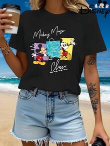 Plus Size, Authentic Disney Women's Summer Clothing - Classic Mickey Mouse Cartoon Pattern New Summer Short Sleeve T-Shirt Top, Women's Casual Fashion Printed Tee - màu đen - Xem 1