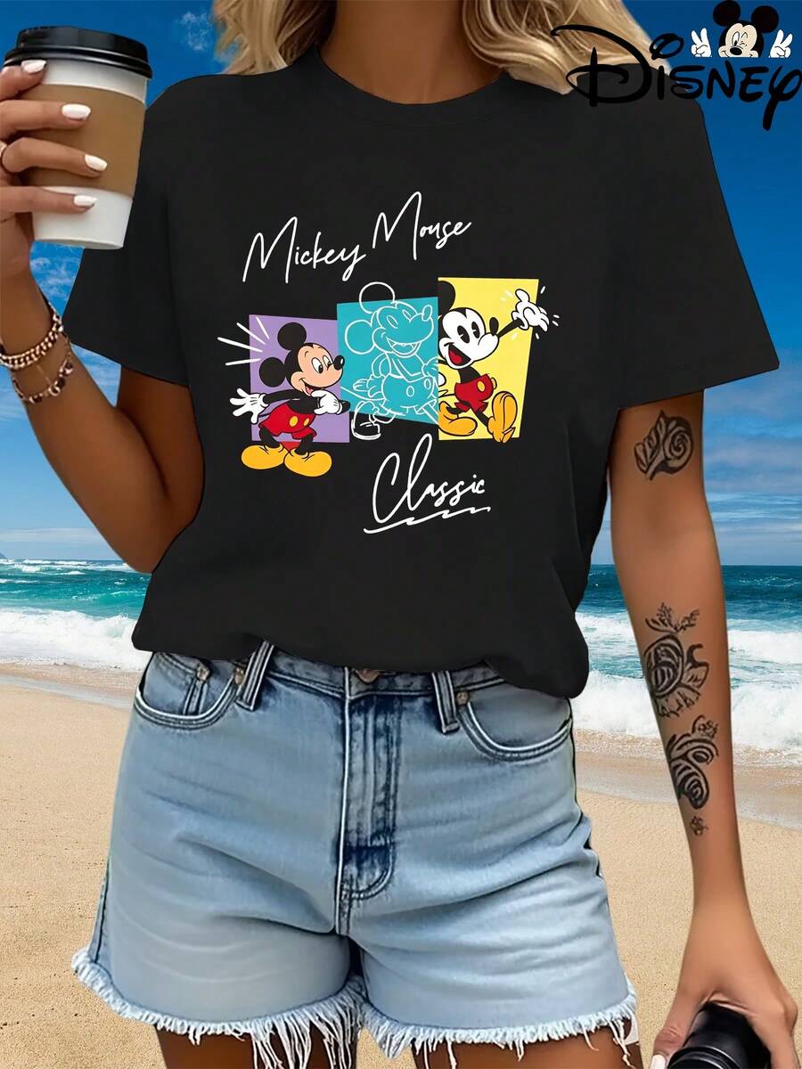Plus Size, Authentic Disney Women's Summer Clothing - Classic Mickey Mouse Cartoon Pattern New Summer Short Sleeve T-Shirt Top, Women's Casual Fashion Printed Tee - màu đen - Xem 1