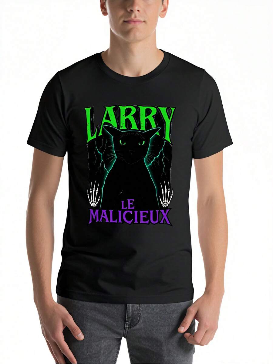 T-shirt unisexe à manches courtes convenant aux Français - Larry le chat espiègle et le graphique Lakaka Brainrot, t-shirt col rond décontracté, lavable en machine, pour toutes les saisons, design iconique pour le port décontracté et les événements thématiques (vêtements décontractés polyvalents) - Noir - Voir 1