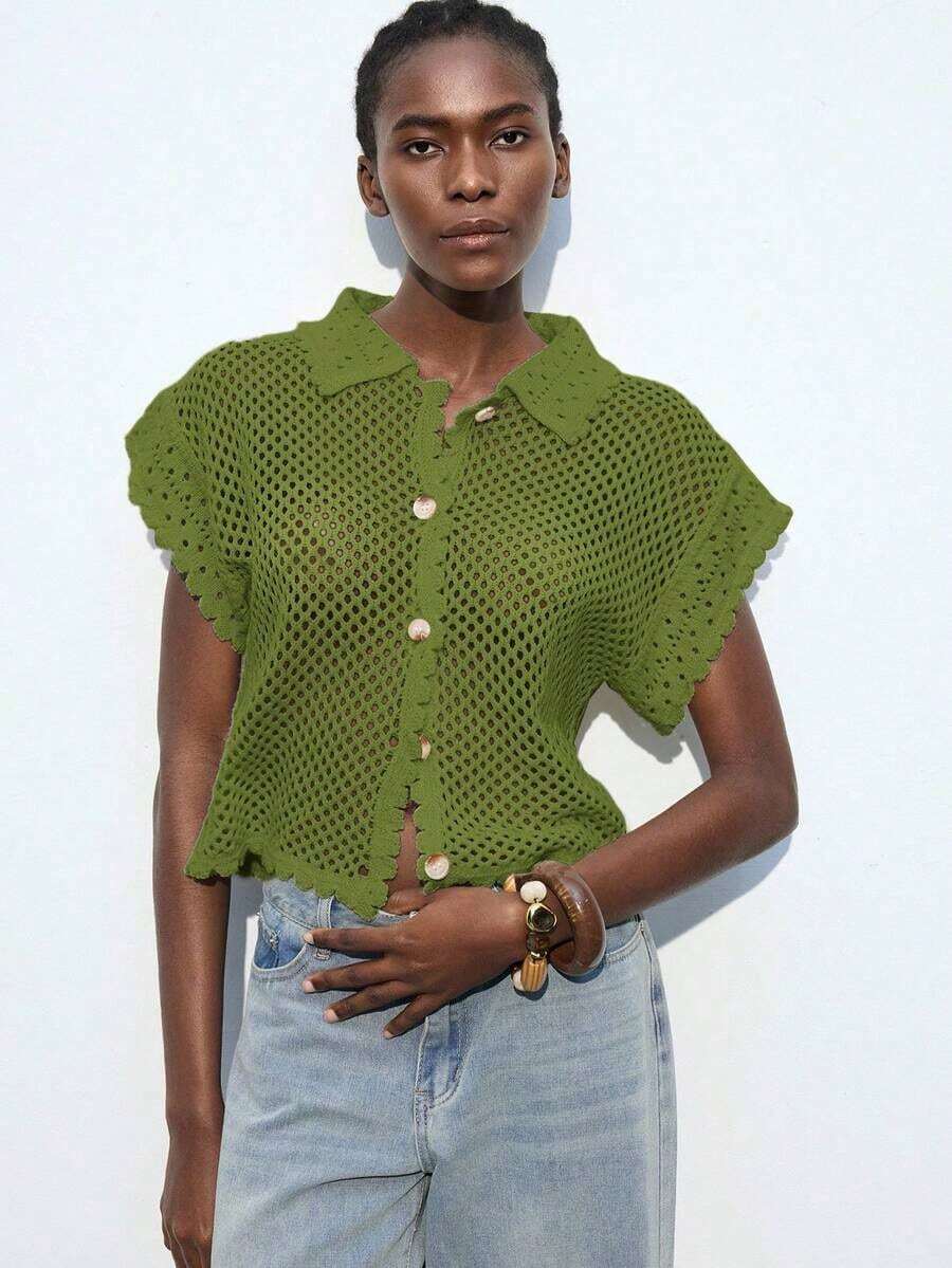 Cárdigan de punto calado de color liso casual para vacaciones - Verde - Ver 1