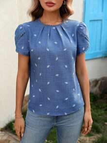 Camisa de mujer elegante y casual con mangas abombadas y volantes de unicolor - Azul 3 - Ver 3
