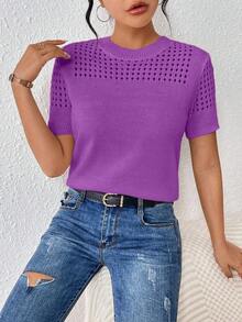 Top de punto de cuello redondo de unicolor con mangas cortas para verano, como ropa para Año Nuevo - Morado - Ver 3